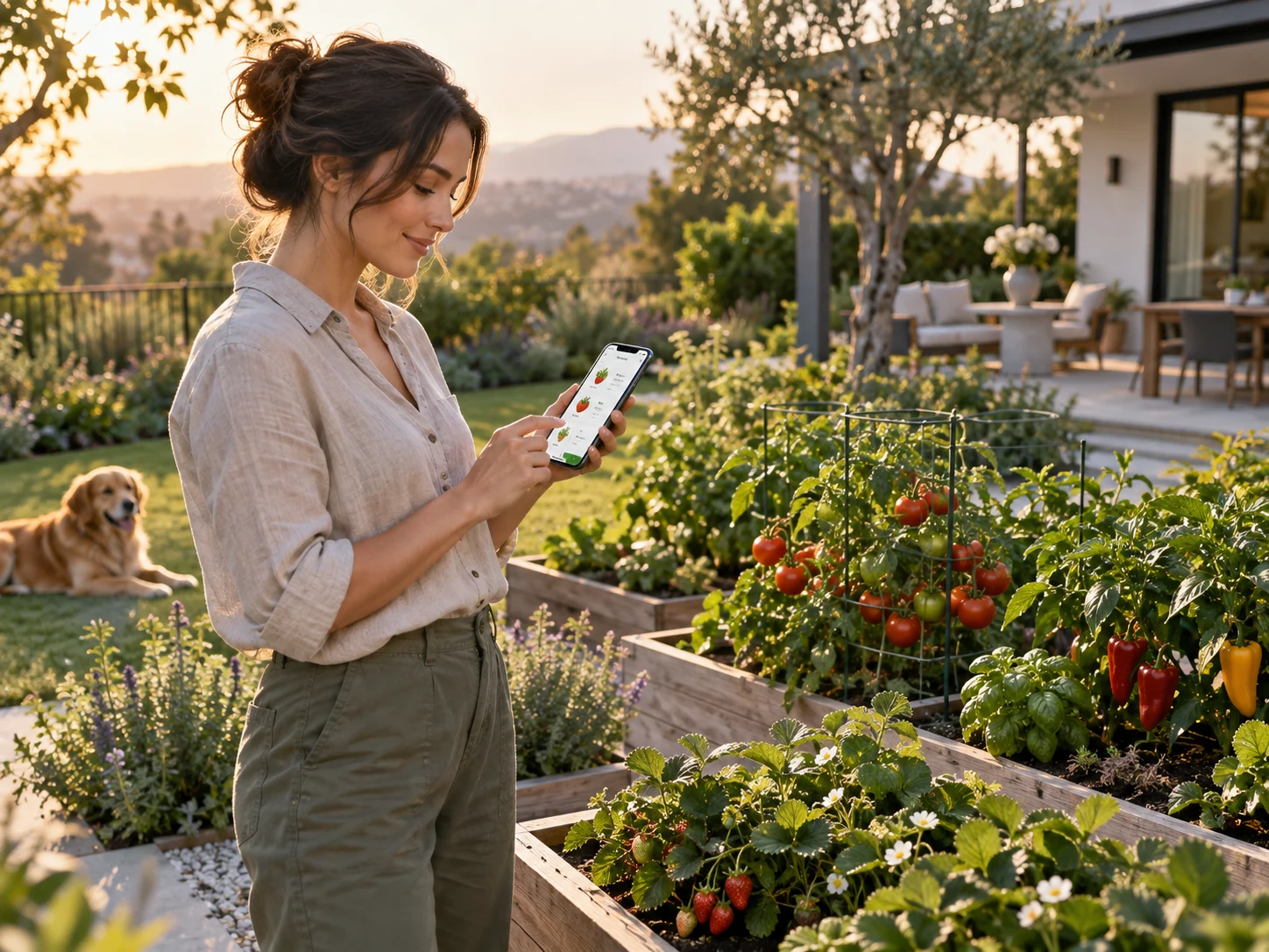 Illustrative scene of a person checking a gardening app beside vegetable beds