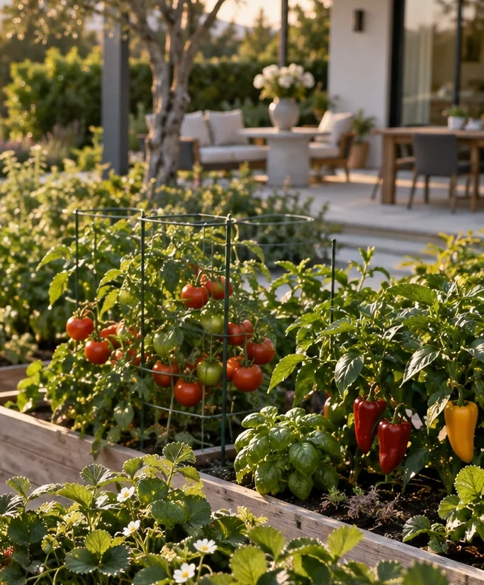 Vegetable beds and a welcoming patio in a sunlit backyard