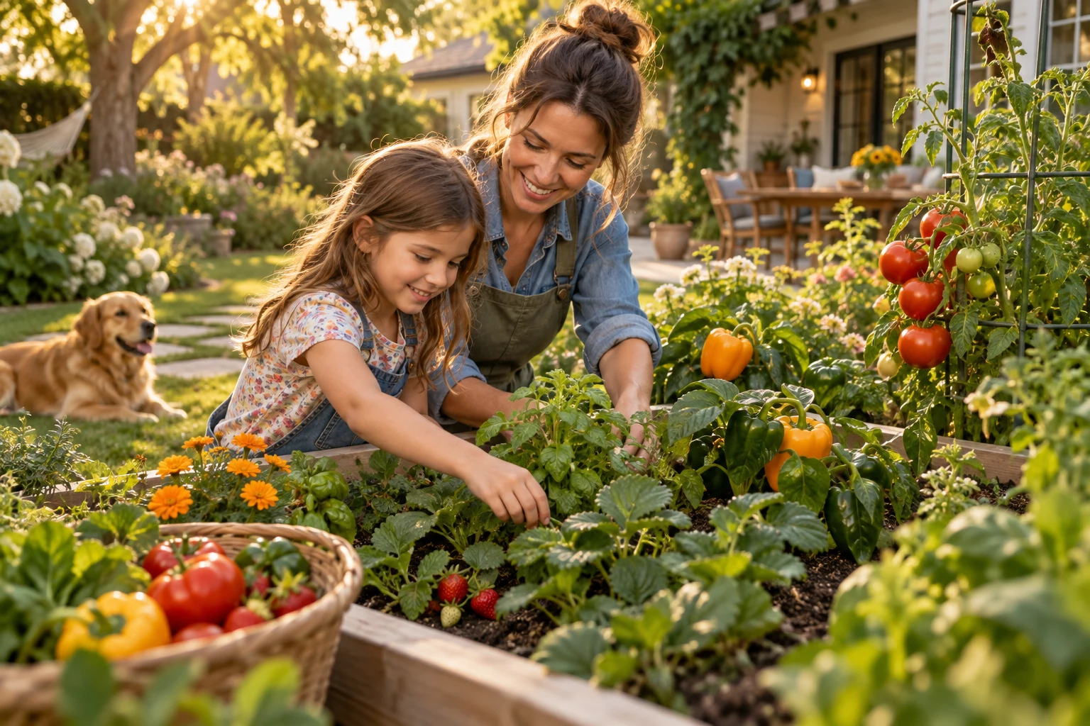 A parent and child tending a vegetable bed in a warm backyard garden