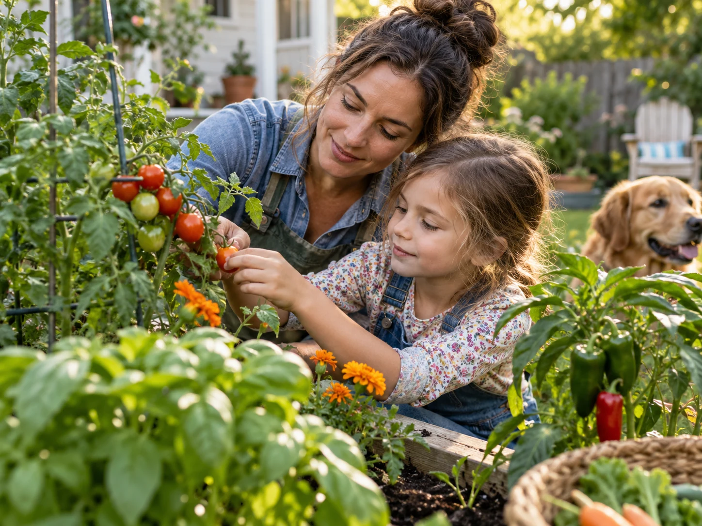 A parent helping a child pick a ripe tomato
