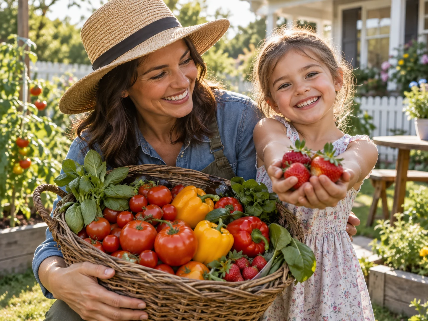 A smiling parent and child sharing a basket of tomatoes, peppers and strawberries