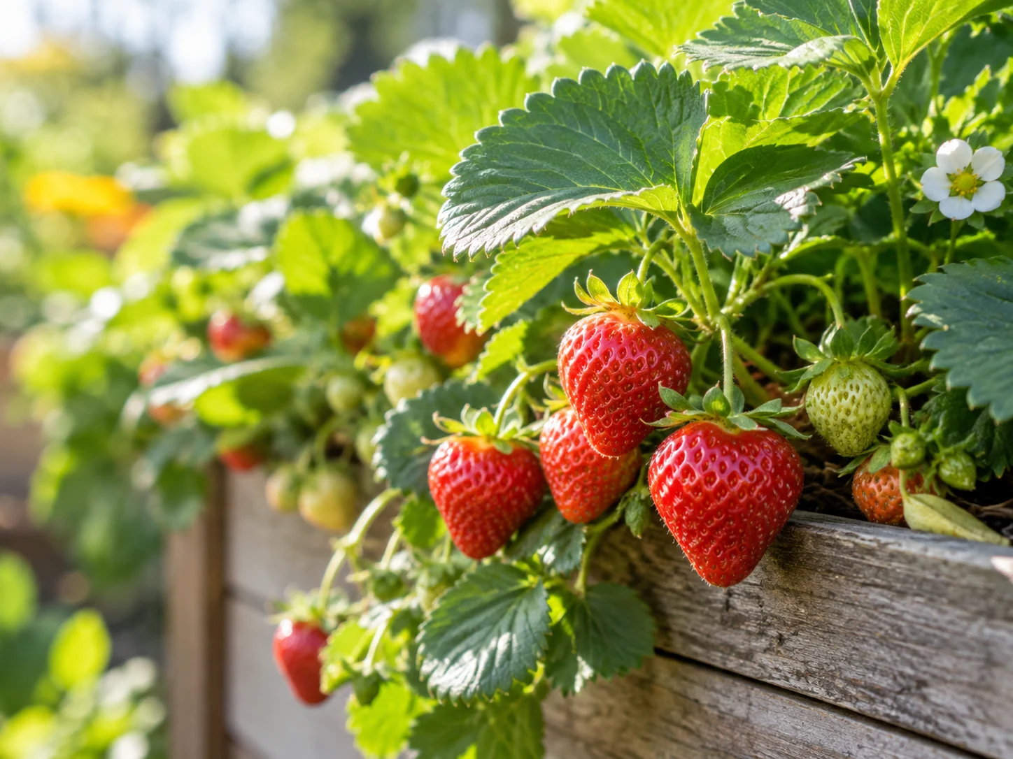 Ripe strawberries growing beside a wooden planter