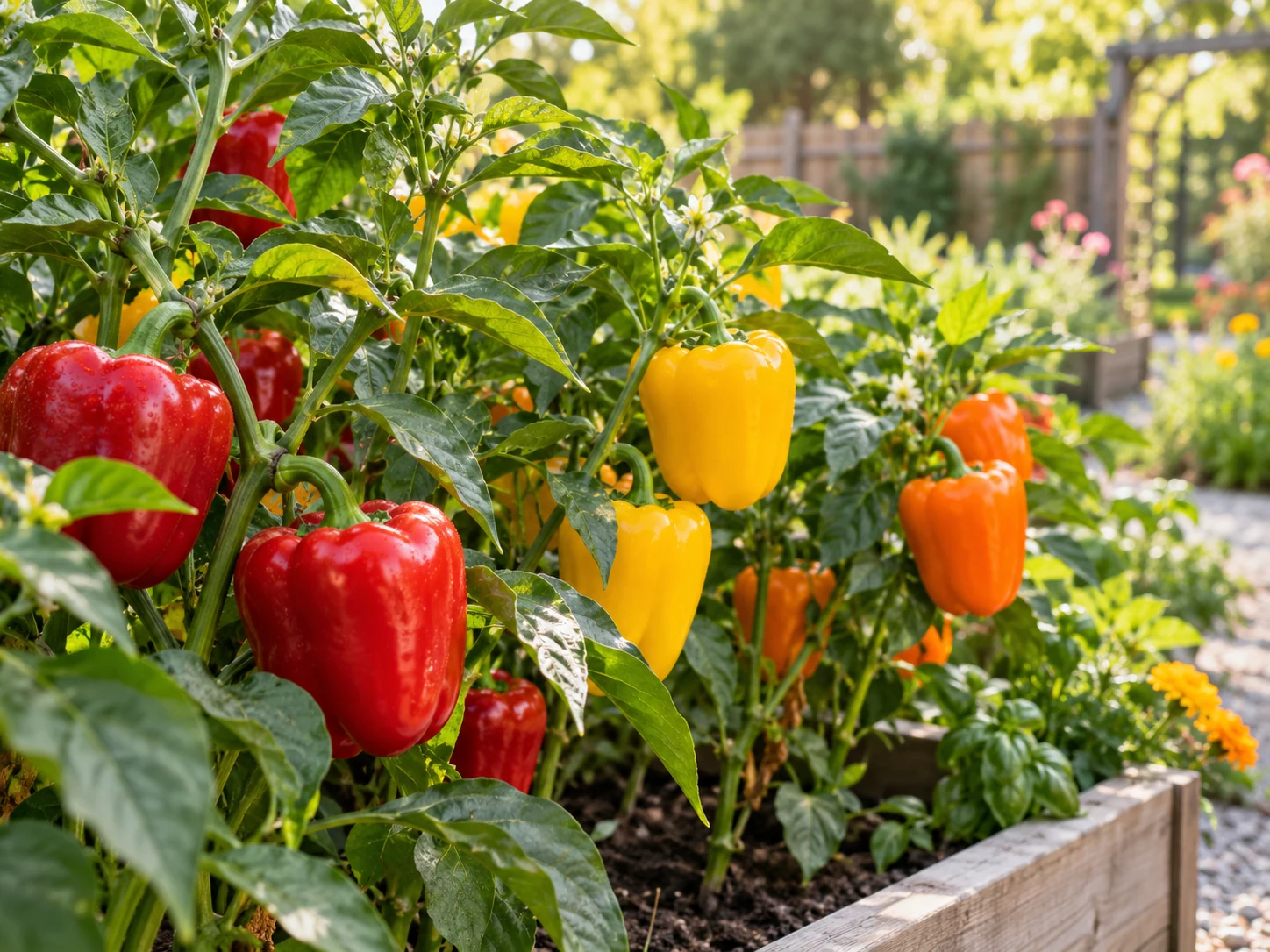 Red, yellow and orange sweet peppers growing in a raised bed