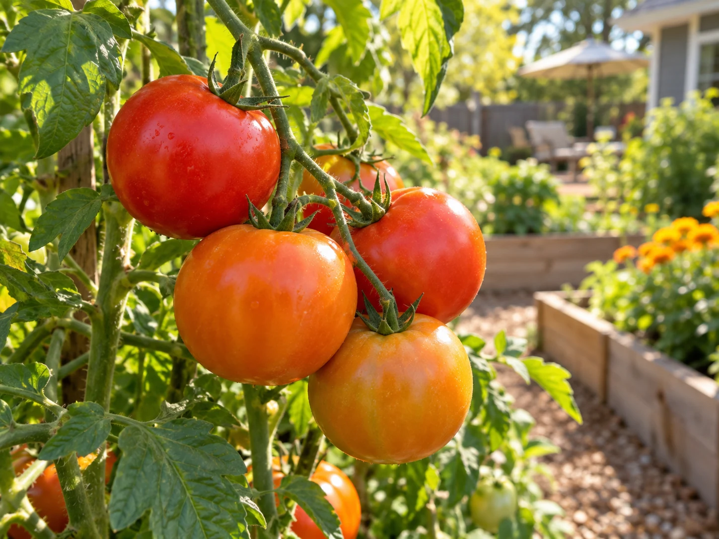 Red and orange tomatoes ripening on the vine